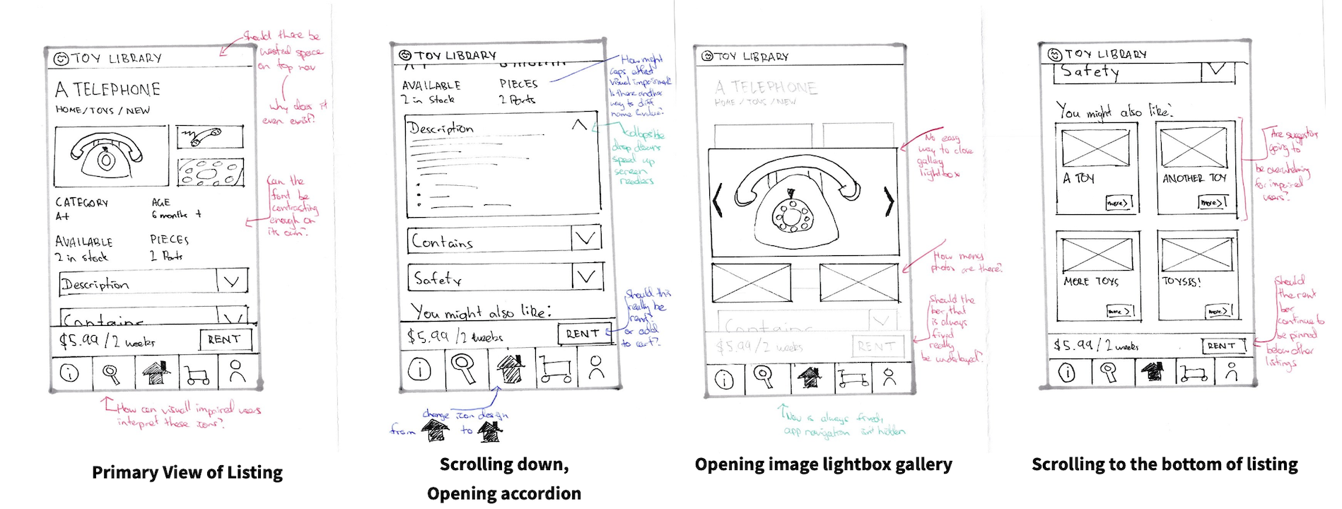Initial wireframes for Toy Library App